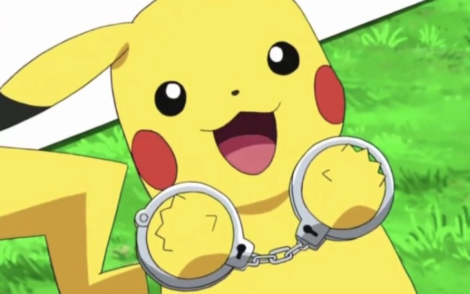Pikachu looks delighted to be in handcuffs.