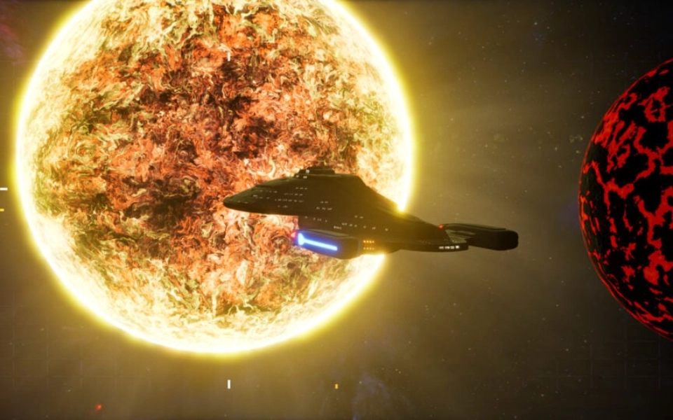 The Voyager flies near a big glowy sun. 